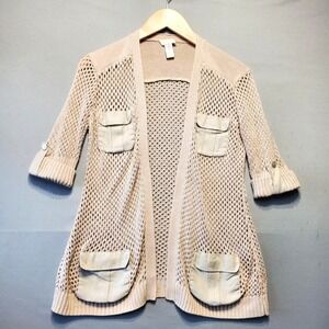 Chicos Linen Blend Crochet Cardigan Sweater Womens M Beige Costal Grandma Boho